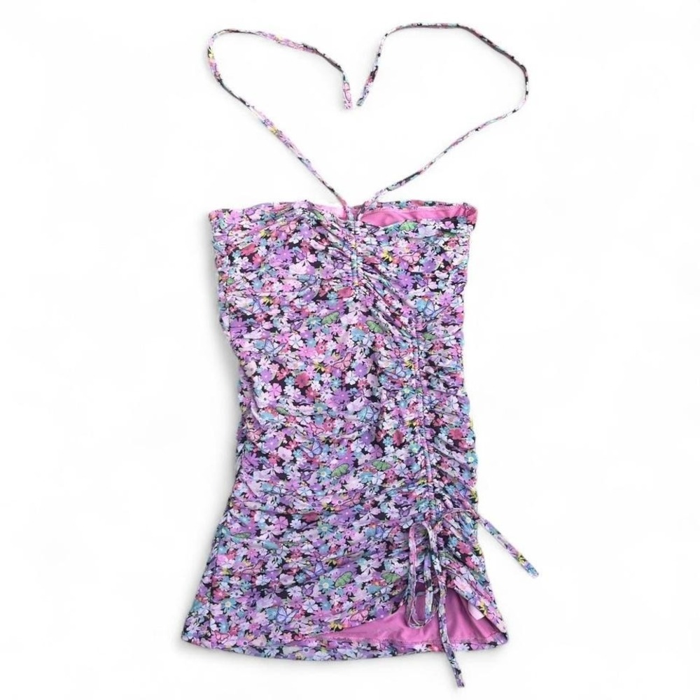 SugarThrillz Pink floral mini‎ dress with tie straps and ruched